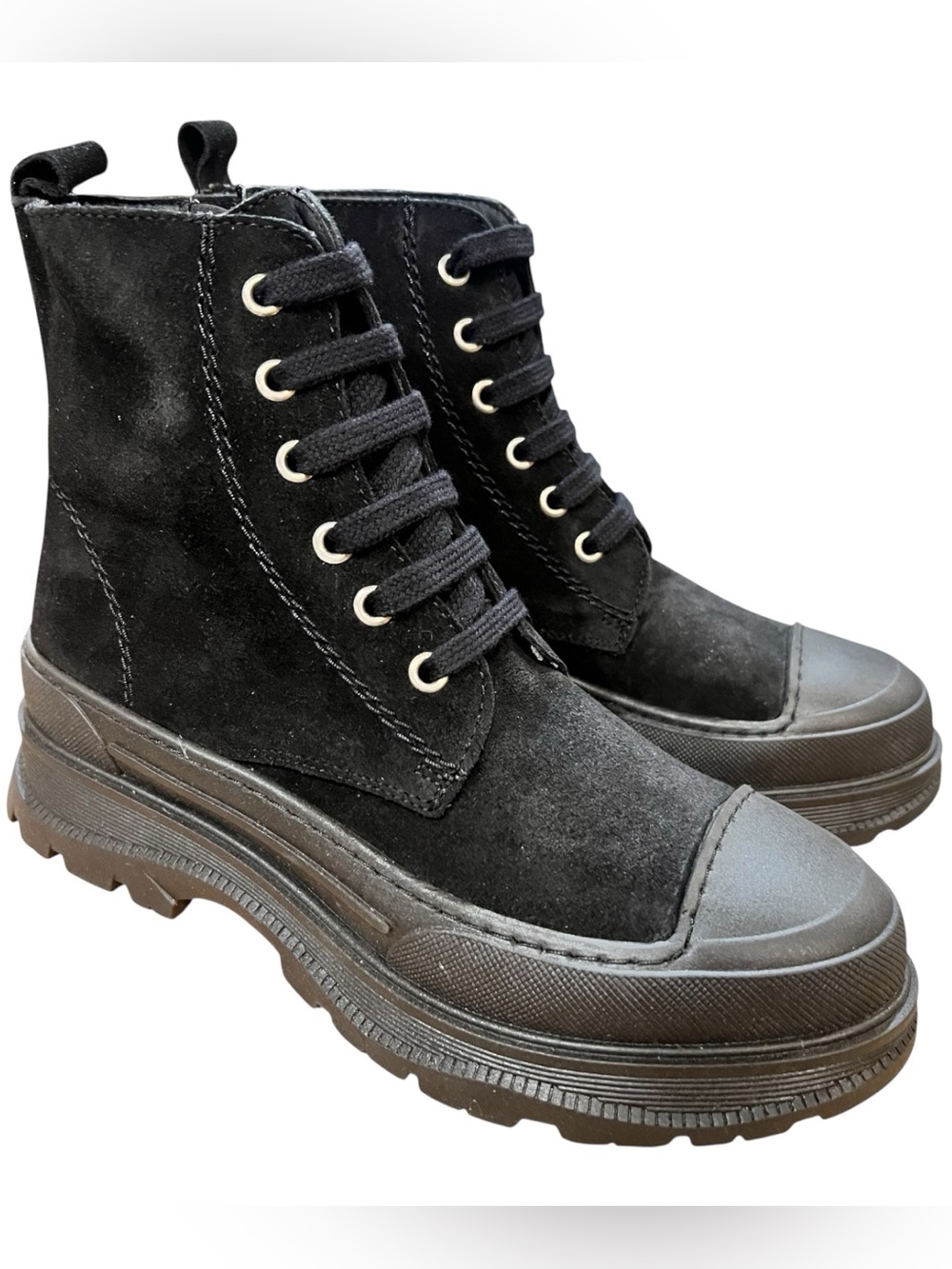 HEE Black Suede Lace-Up Combat Boots Leather Lug Sole Made in Spain NIB EU 37